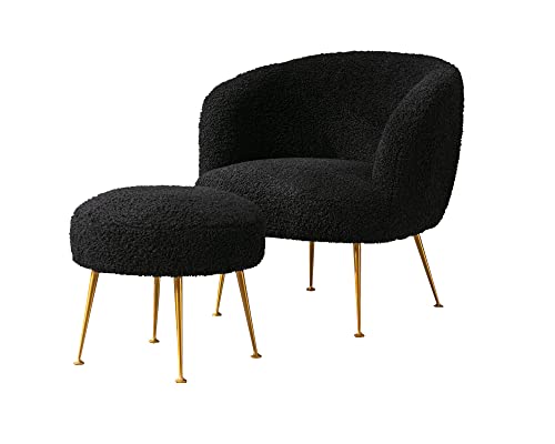 GTU Furniture Teddybear Plush Fur Arm Chair with Gold Metal Legs Upholstered Accent Club Chair and Ottoman Footrest for Living Room Reading Nook or Bedroom – Black product view