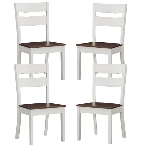 Set of 4 Wood Armless Kitchen Dining White Ladder Back Chairs Solid Wood Modern Style with Grey – Brown Seat product view