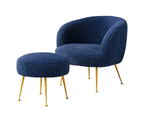 GTU Furniture Teddybear Plush Fur Arm Chair with Gold Metal Legs Upholstered Accent Club Chair and Ottoman Footrest for Living Room Reading Nook or Bedroom – Blue product view
