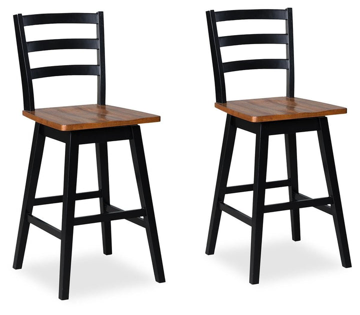 Set of 2 Brown / Black Wood Bar Height Swivel Bar Stools, Butcher Block Seat – product view