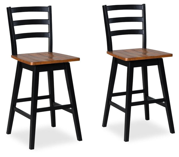 Set of 2 Brown / Black Wood Bar Height Swivel Bar Stools, Butcher Block Seat – product view