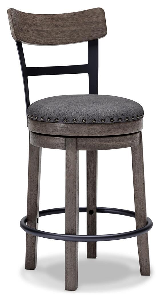 Gray Polyester Swivel Counter Height Bar Stool with Back, Nailhead Trim – product view