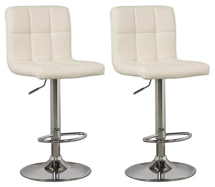 Set of 2 Bone Faux Leather Adjustable Height Swivel Bar Stools, Tufted, Pub – product view