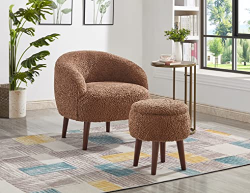 GTU Furniture Modern Barrel Teddybear Plush Accent/Side Brown Lounge Chair with Storage Ottoman for Bedroom Living Room Set