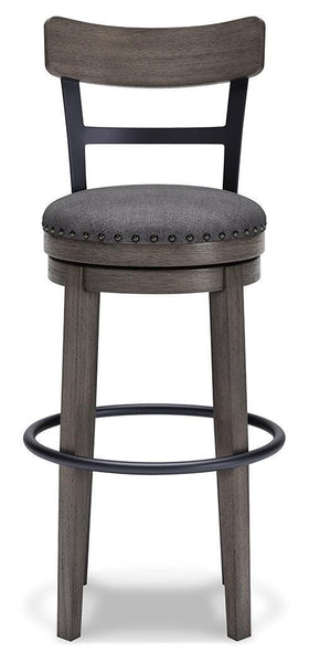 GTU Furniture Gray Polyester Bar Height Swivel Bar Stool with Back, Nailhead Trim, Dining