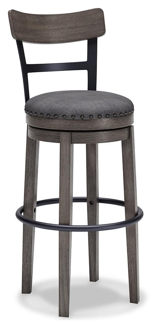 Gray Polyester Bar Height Swivel Bar Stool with Back, Nailhead Trim, Dining – product view
