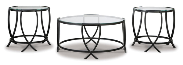 Contemporary Glass Round 3-Piece Coffee Table Set, Cocktail Table with 2 Matching End Tables, Black Finish – alternate view 2