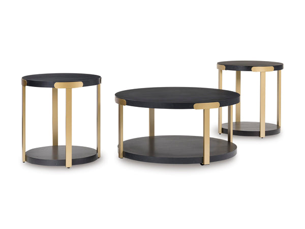 Contemporary MDF Square 3-Piece Coffee Table Set, Cocktail Table with 2 Matching End Tables, Black / Brass – product view