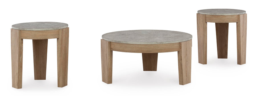 GTU Furniture Casual MDF Round 3-Piece Coffee Table Set, Cocktail Table with 2 Matching End Tables, Light Brown Finish