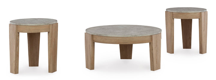 Casual MDF Round 3-Piece Coffee Table Set, Cocktail Table with 2 Matching End Tables, Light Brown Finish – product view