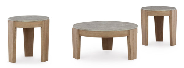 Casual MDF Round 3-Piece Coffee Table Set, Cocktail Table with 2 Matching End Tables, Light Brown Finish – product view