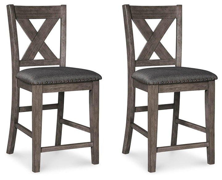 Set of 2 Gray Wood Counter Height Bar Stools with X-Back, Nailhead Trim – product view