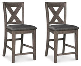 Set of 2 Gray Wood Counter Height Bar Stools with X-Back, Nailhead Trim – product view