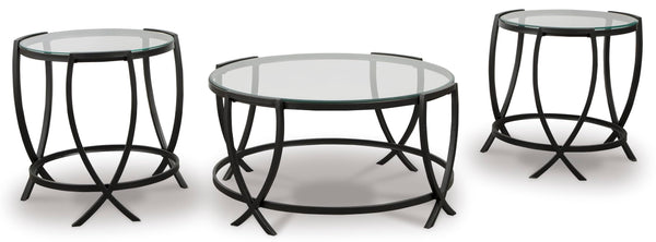 Contemporary Glass Round 3-Piece Coffee Table Set, Cocktail Table with 2 Matching End Tables, Black Finish – alternate view 3