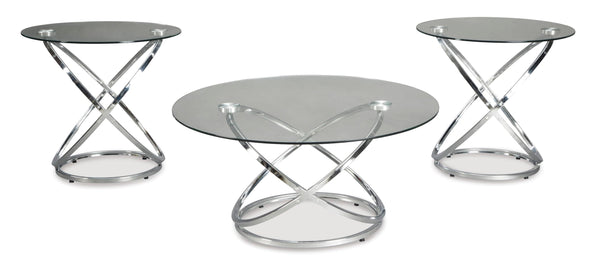 Contemporary Glass Round 3-Piece Coffee Table Set, Cocktail Table with 2 Matching End Tables, Chrome – alternate view 2