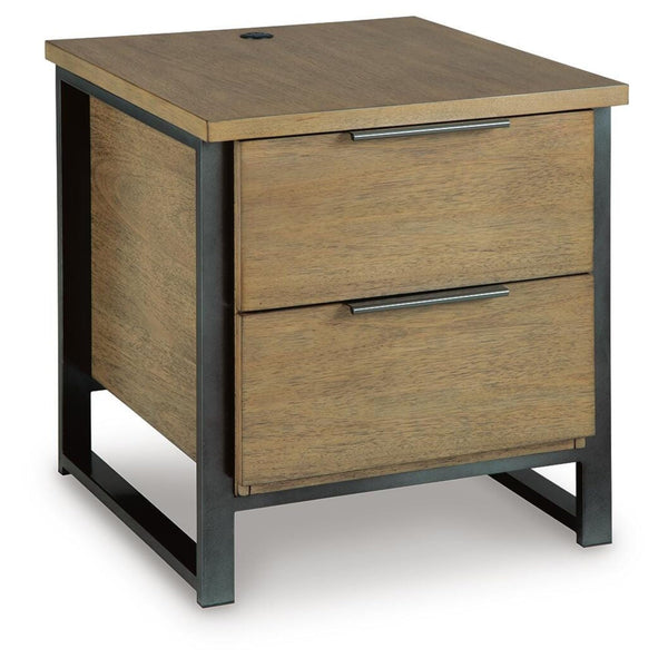 Contemporary Mango Wood Rectangular End Table, with Storage Drawer, Built-in USB Charging, Light Brown Finish, – product view