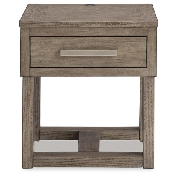 Casual Oak Rectangular End Table, with Storage Drawer, Built-in USB Charging, Grayish Brown / White – alternate view 4