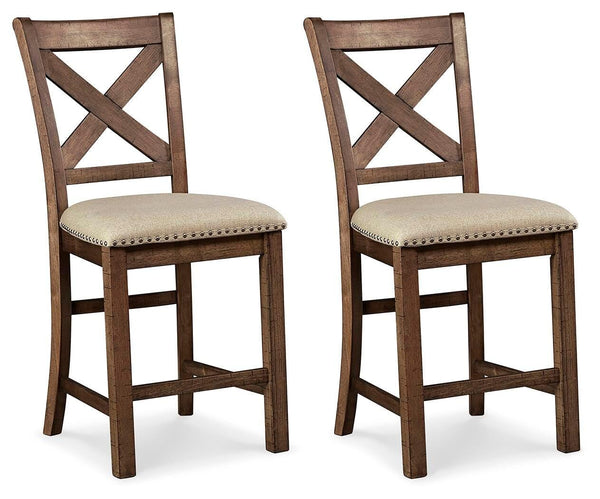 Set of 2 Beige Polyester Counter Height Bar Stools with Nailhead Trim, Pub – product view