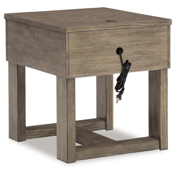 Casual Oak Rectangular End Table, with Storage Drawer, Built-in USB Charging, Grayish Brown / White – alternate view 3