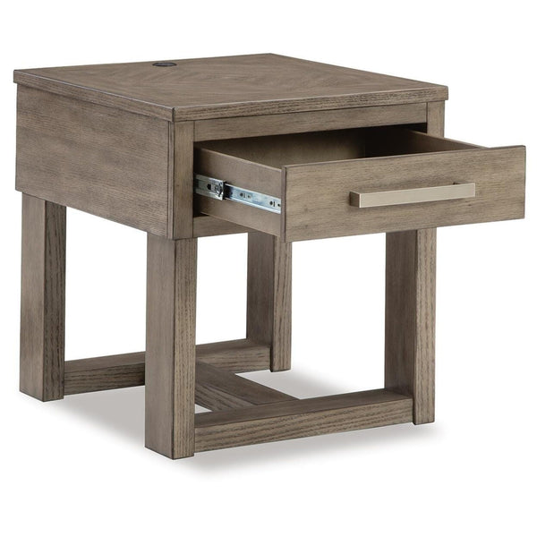 Casual Oak Rectangular End Table, with Storage Drawer, Built-in USB Charging, Grayish Brown / White – alternate view 2