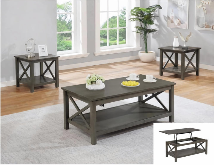 GTU Furniture 3 Piece Cocktail Lift Top Table with 2 Side Tables for Living Room, Family Room Grey/Black — Grey