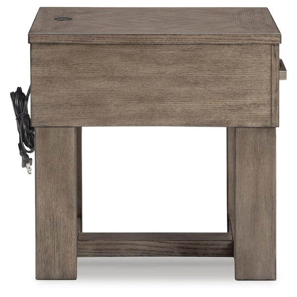 Casual Oak Rectangular End Table, with Storage Drawer, Built-in USB Charging, Grayish Brown / White – alternate view 5