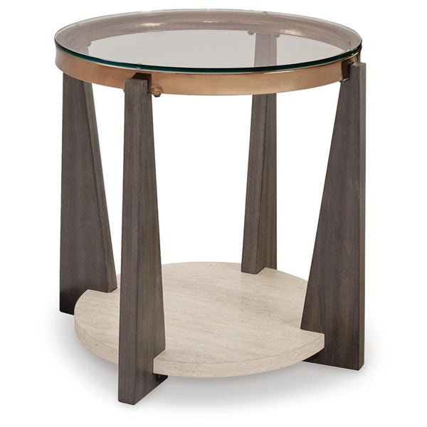 Sleek Faux Marble Round End Table, with Open Shelf, Multi Finish, for Living Room – product view