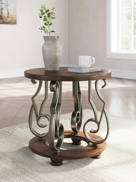 Timeless Faux Marble Round End Table, Dark Brown Finish, for Living Room – product view