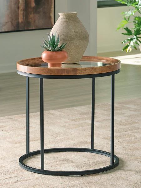 Everyday Tempered Glass Round End Table, Medium Brown Finish, for Living Room – product view