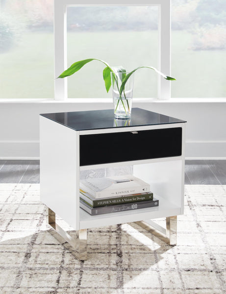 Modern Glass Rectangular End Table, with Storage Drawer, White / Black Finish, for Living Room – product view