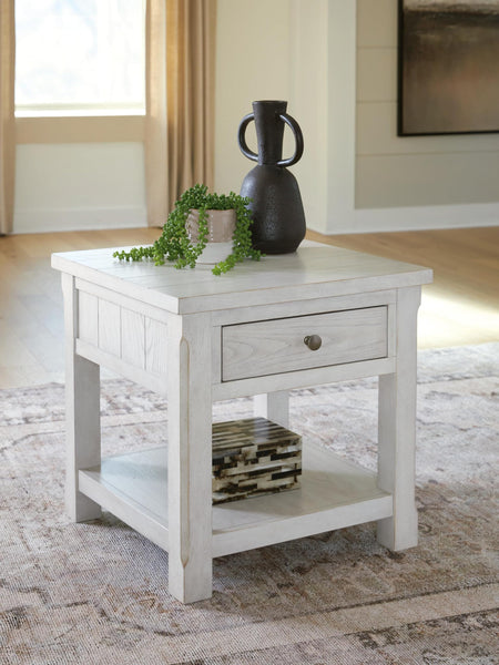 Casual Ash Wood Square End Table, with Storage Drawer, Antique White Finish, for Living Room – product view