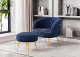 GTU Furniture Teddybear Plush Fur Arm Chair with Gold Metal Legs Upholstered Accent Club Chair and Ottoman Footrest for Living Room Reading Nook or Bedroom — Blue
