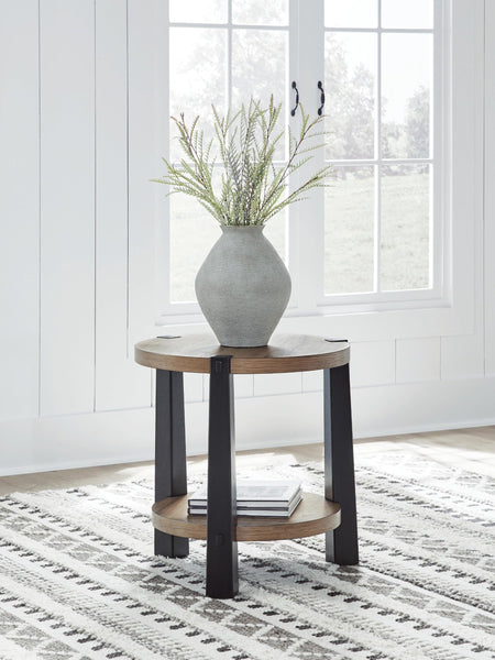 Casual Wood Round End Table, with Open Shelf, Light Brown / Black Finish, for Living Room – product view