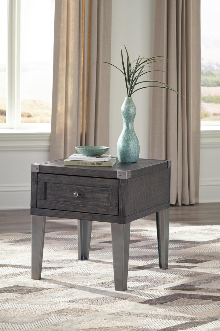 Contemporary Engineered Wood Rectangular End Table, with Storage Drawer, Built-in USB Charging, Dark Gray – product view
