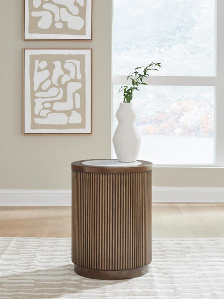 Casual Melamine Round End Table, Brown Finish, for Living Room – product view