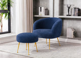 GTU Furniture Teddybear Plush Fur Arm Chair with Gold Metal Legs Upholstered Accent Club Chair and Ottoman Footrest for Living Room Reading Nook or Bedroom — Blue