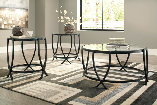 Contemporary Glass Round 3-Piece Coffee Table Set, Cocktail Table with 2 Matching End Tables, Black Finish – product view