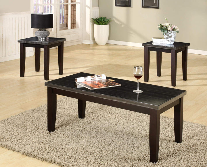 GTU Furniture 3Pc Black Faux Marble Rectangular Top Living Room Coffee & End Table Set