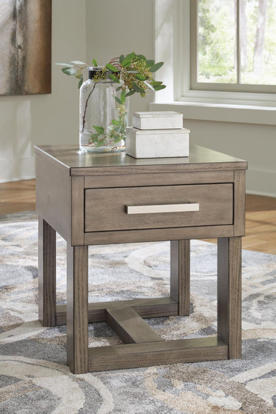 Casual Oak Rectangular End Table, with Storage Drawer, Built-in USB Charging, Grayish Brown / White Finish – product view