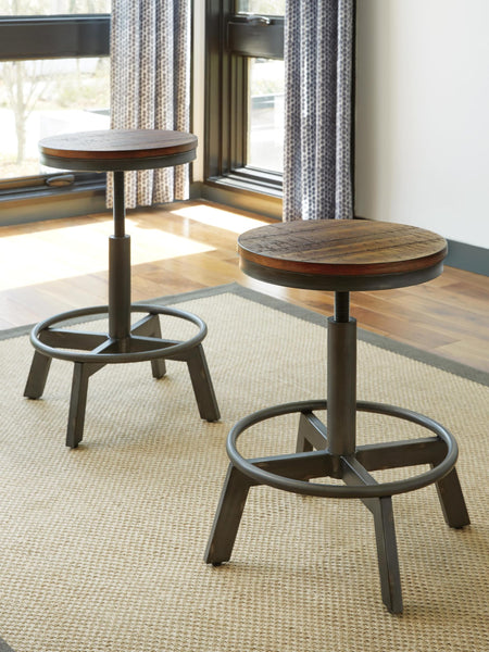 GTU Furniture Set of 2 Brown/Gray Metal Adjustable Height Swivel Bar Stools, Backless