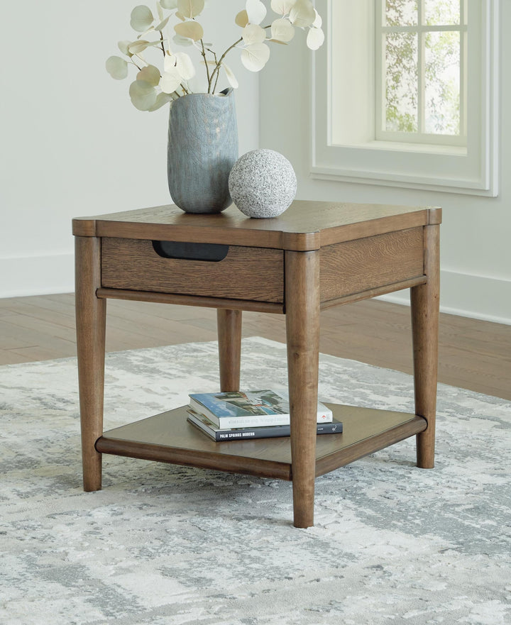 Sleek Rubberwood Rectangular End Table, with Storage Drawer, Brown Finish, for Living Room – product view