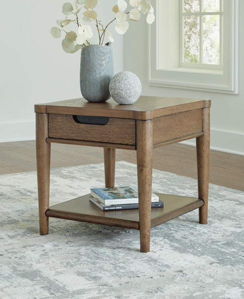 Sleek Rubberwood Rectangular End Table, with Storage Drawer, Brown Finish, for Living Room – product view
