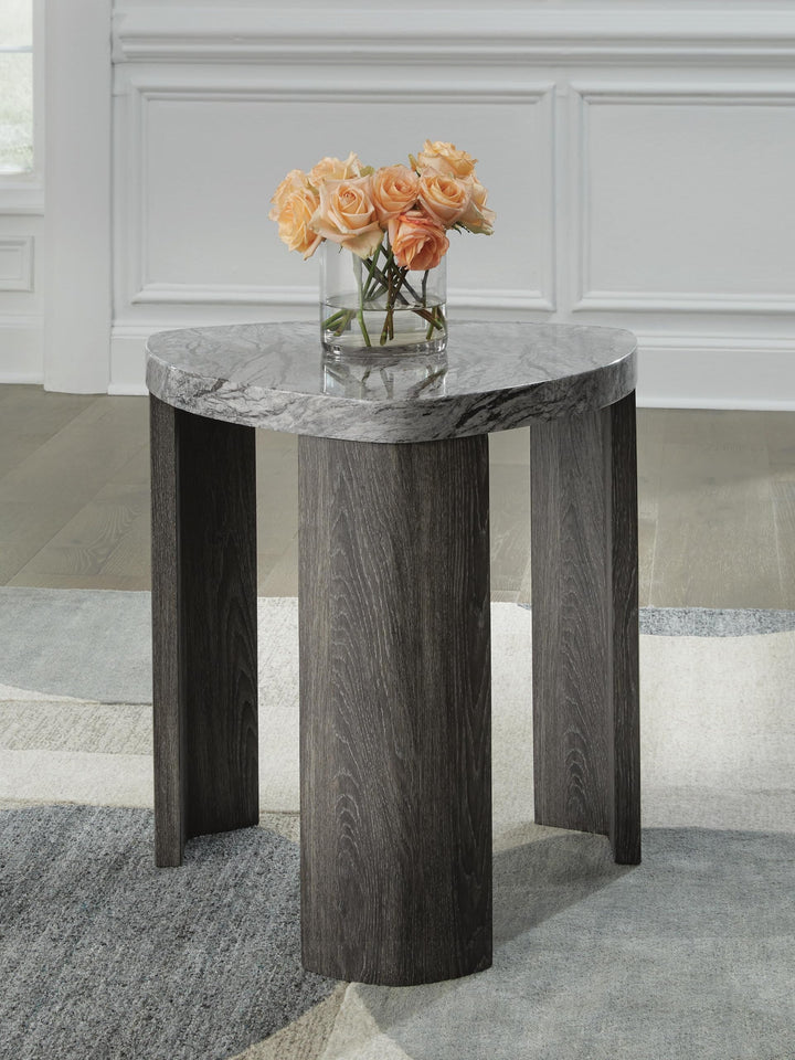 Contemporary Faux Marble Triangular End Table, Gray / Brown Finish, for Living Room – product view