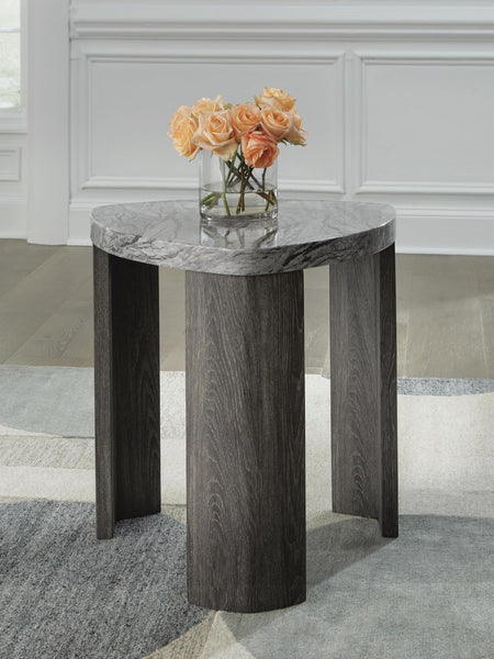 Contemporary Faux Marble Triangular End Table, Gray / Brown Finish, for Living Room – product view