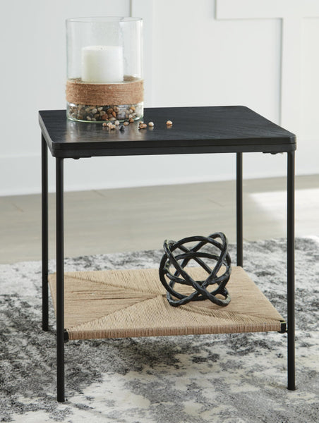 Casual Marble Square Accent Table, with Open Shelf, Black / Natural Finish, for Living Room – product view