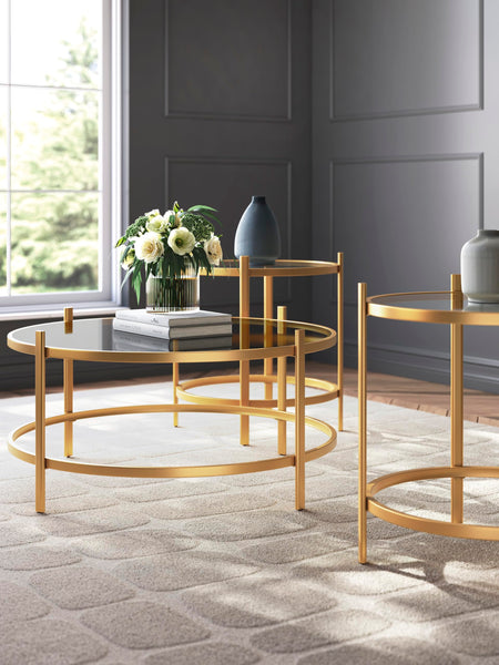 Casual Glass Square 3-Piece Coffee Table Set, Cocktail Table with 2 Matching End Tables, Gold Finish – alternate view 5