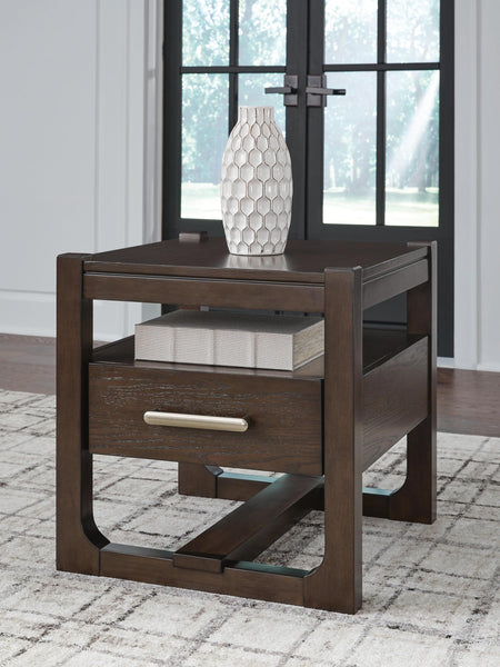 Sleek Wood Square End Table, with Storage Drawer, Dark Brown Finish, for Living Room – product view