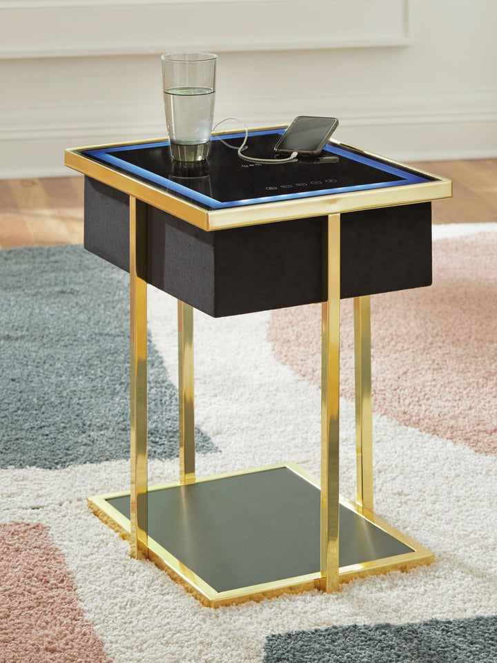 Sleek Glass Rectangular Accent Table, with Open Shelf, Black / Gold Finish, for Living Room – product view
