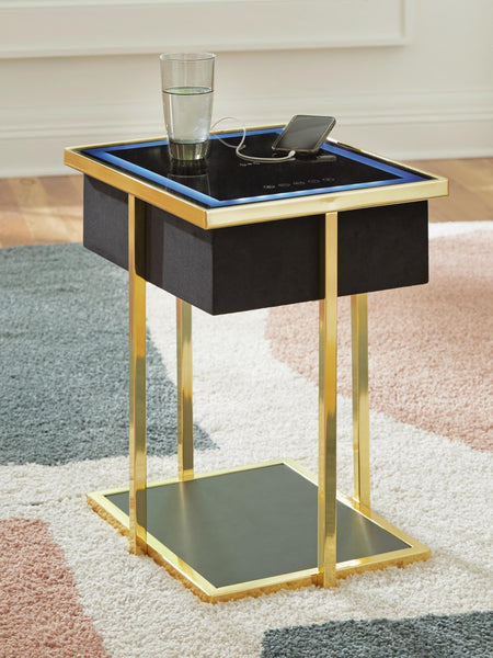 Sleek Glass Rectangular Accent Table, with Open Shelf, Black / Gold Finish, for Living Room – product view