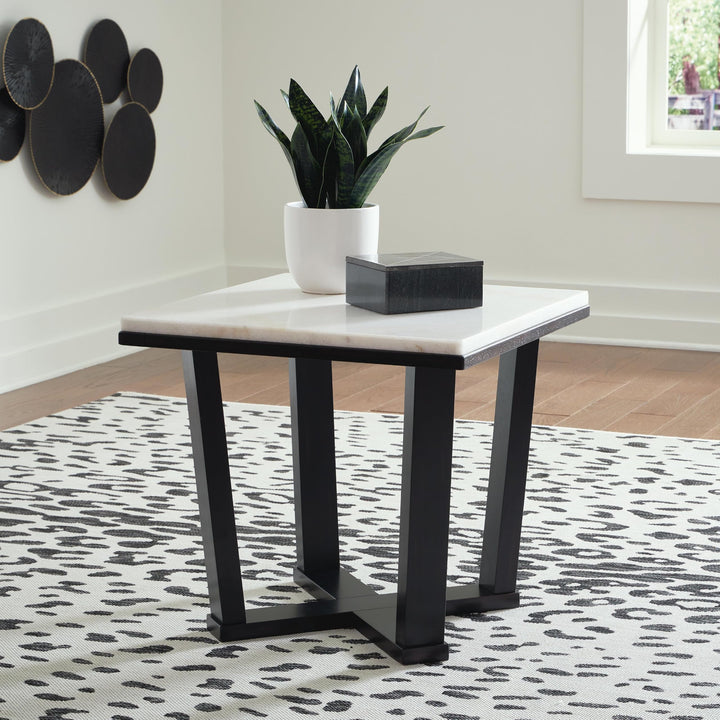 Contemporary Marble Square End Table, White / Espresso Finish, for Living Room – product view